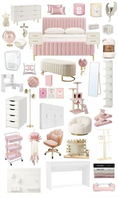 a collage of pink and white furniture, including a bed, dresser, chair, mirror