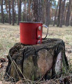 a red cup sitting on top of a tree stump