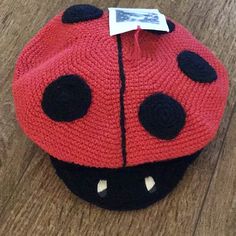 a knitted ladybug hat sitting on top of a wooden floor