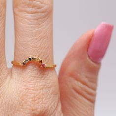 Adorable very dainty 14k yellow gold rainbow sapphire ring. Rainbow arch measures 1 cm wide, ring size 7. Would be cute in a stack as a ring guard. Sizing availableLayaway available Rainbow Arch, Rainbow Ring, Watch Cufflinks, Local Eclectic, Rainbow Sapphires, Ring Guard, Rainbow Rings, Wide Ring, Ring Shopping