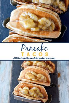 pancakes with bananas and peanut butter are stacked on top of each other in pans