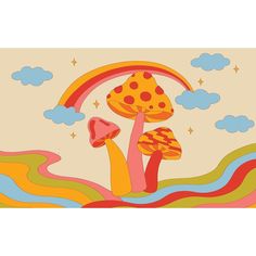 a woman is floating in the water with mushrooms and rainbows on her head,