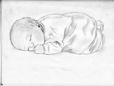 a pencil drawing of a baby sleeping on its back with it's eyes closed