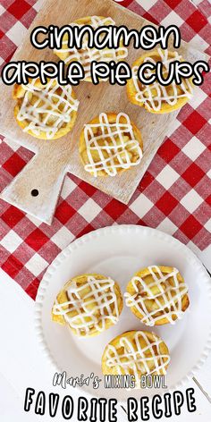 homemade apple pie cups on a white plate with red and white checkered tablecloth