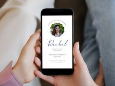 a person holding up a cell phone with the word rachel on it and an image of a woman's face