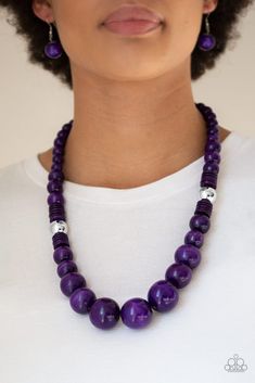 Infused with dramatic silver beads, an array of vivacious purple wooden beads drape across the chest for a summery look. Features a button-loop closure. Sold as one individual necklace. Includes one pair of matching earrings. Rose Gold Frame, Purple Necklace, Wood Necklace, Paparazzi Accessories, Paparazzi Jewelry, Silver Accents, Necklace Earring Set, Jewelry Party, Matching Earrings