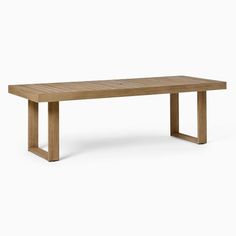 a wooden table with two legs and a rectangular top, against a white background the table is made out of wood