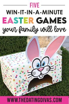 an easter bunny box with the text, five win - in - a - minute easter games your family will love