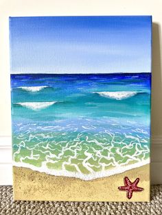 an acrylic painting of a starfish on the beach next to the ocean