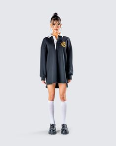 This fit's for our baddies who like to teach them a lesson 😜 Crafted from french terry shelf fabric and complete with a cotton shirting contrast collar, an inside button placket, and embroidery on the left chest - this black rugby polo dress will make sure they are all taking notes 💙 Rugby Polo, Black Off Shoulder, Taking Notes, Graphic Top, Contrast Collar, White Jersey, Cargo Pant, Clueless, Pocket Pants