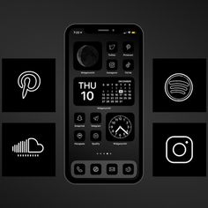 an iphone with various icons on the screen and in front of it is a black background