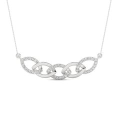 This elegant necklace exudes togetherness and unity, and consists of five marquise-shaped loops on a dainty chain. Marquise Necklace With Diamond Accents, Elegant Diamond White Necklace With Cable Chain, White Gold Necklaces With Diamond Accents And Oval Link, Elegant Oval Link Necklace With Diamond Accents, Elegant Link Diamond Necklace For Anniversary, Elegant Necklace With Oval Pendant And Chain, Elegant Oval Pendant Necklace With Chain, Anniversary Oval Link Necklace With Diamond Accents, Elegant Diamond White Link Necklace