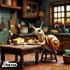 a snail sitting on top of a wooden table next to a potted plant in a kitchen