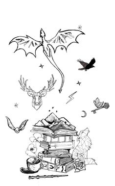 a black and white drawing of a dragon flying over a house with books on it