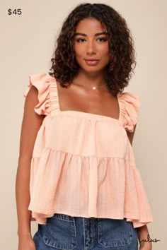 The Lulus Amazingly Sweet Peach Ruffled Peplum Tank Top is ready for sunny day strolls and endless compliments! Lightweight, crinkle-woven fabric (with a subtle grid-like pattern throughout) shapes this summery and cute top that features a square neckline and wide, elasticized straps with femme ruffle trim. The relaxed, swingy bodice finishes at a breezy, peplum-inspired hem, perfect for creating a variety of flirty looks all summer long! Fit: This garment fits true to size. Length: Size medium Peplum Tank Top, Modest Tops, Cute Summer Tops, Casual Preppy Outfits, Sweet Peach, Cute Preppy Outfits, Flowy Tank Tops, Summer Tank Tops, Simple Trendy Outfits