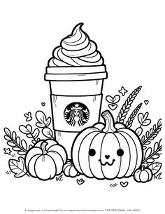 starbucks cup with pumpkins and leaves around it, coloring pages for kids to print