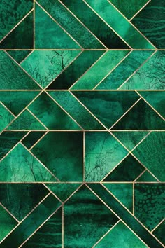 an abstract green background with gold triangles and trees