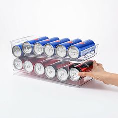 a person is holding a tray with six cans of soda