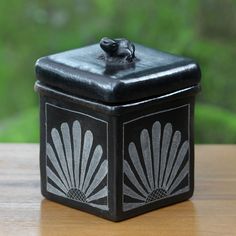 a black box sitting on top of a wooden table next to a green window sill