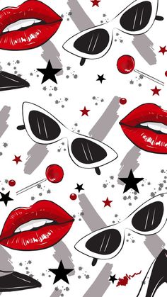 red lips and stars on a white background seamless wallpaper with black, grey and red shapes