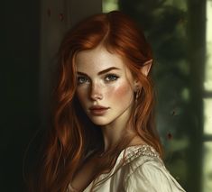 a painting of a woman with red hair and green eyes, wearing a white blouse