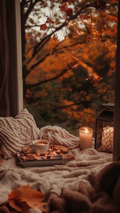 a candle and some leaves on a blanket by a window with a view of the trees outside