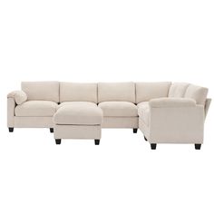 a sectional couch with footstool and ottoman in white fabric on an isolated background