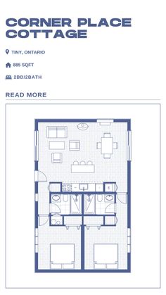 2 bedroom corner cottage floorplan below 1000 sqft Two Bedroom Tiny Home Floor Plans, House Planning Ideas Layout, Cottage Floorplan, Tiny Home Floorplan, Small Cabin Plans, Small Floor Plans, Tiny House Layout