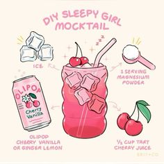 a pink drink with ice, cherries and whipped cream in it that says diy sleepy girl cocktail