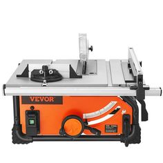 an orange and black table sawing machine on a white background with clippings