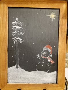 a chalkboard drawing of a snowman and street signs