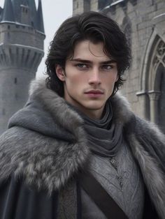 a young man dressed in medieval clothing with a castle in the background