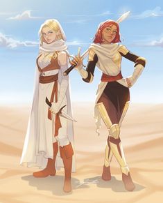 two women standing in the desert holding swords