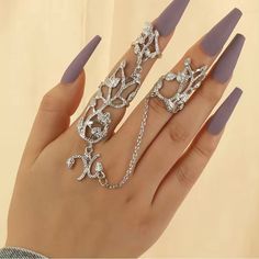 Multi Knock Charm Leaf Full Open Finger Ring Full Finger Rings, Multi Ring, Linking Rings, Rings For Girls, Hand Jewelry, Girls Jewelry, Chain Ring, Silver Flowers, Gift Accessories