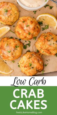 low carb crab cakes with lemon wedges and parsley on the side for dipping