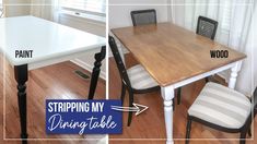 the before and after of a dining room table painted white with black trimmings