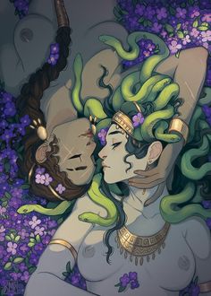 a painting of two women with green hair and snakes on their heads, surrounded by purple flowers