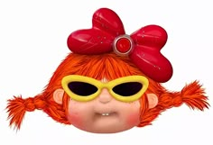 a red haired doll with sunglasses and a bow on her head is shown from the front