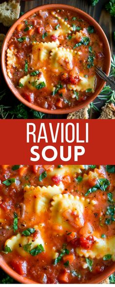 Ravioli Soup photo collage Vegetarian Ravioli, Ravioli Soup, One Pot Vegetarian, Soup Dinner, Easy Soup Recipes, Homemade Soup, Delicious Soup