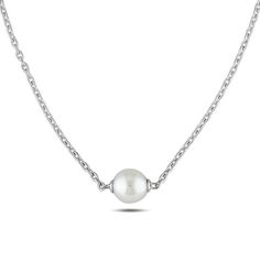 Wow her with this stately and stylish pearl fashion necklace. Created in sleek sterling silver, this simple design showcases a single 9.0-9.5mm cultured freshwater pearl centered along an elegant link chain necklace. Needing no further accompaniment, this 18.0-inch necklace is polished to a brilliant shine and secures with a durable lobster claw clasp. Classic White Gold Necklace With Pearl Charm, Timeless Silver Pearl Necklace With Charm, Formal Pearl Necklace With Cable Chain, Sterling Silver Pearl Necklace In White Gold, Sterling Silver White Gold Pearl Necklace, Elegant Silver Solitaire Necklace With Cable Chain, Elegant Sterling Silver Solitaire Necklace With Cable Chain, Elegant Pearl Necklace With Cable Chain, Classic White Gold Pearl Necklace