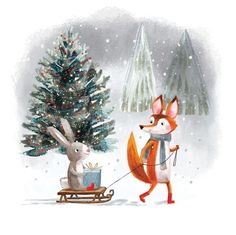 a painting of a fox pulling a sled with a christmas tree in the background