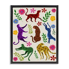 an art work with cats and flowers on the back of a white background, framed in black frame