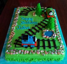 a birthday cake that is shaped like a train