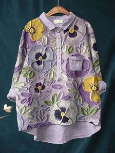 Fabric Paint Diy, Flower Oil Painting, Oil Painting Flowers, Comfy Dresses, Vintage Floral Print, Flower Oil, Pocket Shirt, Linen Shirt, Cotton Linen