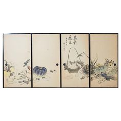 Rare set of four Japanese Showa period door panels known as Fusuma in Japanese architecture. Similar to a Shoji room divider but made of an opaque material. Constructed from handcrafted mulberry paper and framed with ebonized wood. The panels are painted with a bounty of newly harvested grains and vegetables. Titled "Summer Harvest" and signed by artist Kawamoto Rekitei (Japanese 1894-1975) with a seal. Kawamoto was a famous potter. There is also reference to a poem by "Li Po". Beautifully craft Shoji Room Divider, Shoji Doors, Japanese Door, Ebonized Wood, Japanese Screen, Painted Door, Summer Harvest, Painted Floor, Japanese Artwork