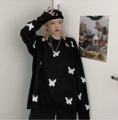 Gothic Butterfly Black Pullover Sweater on Storenvy Couple Streetwear, Y2k Aesthetic Fashion, Soft Girl Outfits, Black Pullover Sweater, Nice Clothes, Y2k Aesthetic Outfits, Pattern Sweater, Loose Sweater, Online Fashion Stores