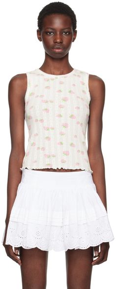 Pointelle knit cotton tank top. Graphic pattern printed throughout. · Picot trim at crewneck and armscyes · Graphic mother-of-pearl button at collar · Lettuce edge at hem Available exclusively at SSENSE. Supplier color: Strawberry White Pointelle Knit Tank Top For Spring, White Tops With Scalloped Edges For Spring, Feminine Scalloped Edges Top For Summer, Spring Crew Neck Tops With Scalloped Edges, Summer Tops With Scalloped Edges For Daywear, Fitted Pointelle Knit Tops For Daywear, Feminine Cotton Tops With Scalloped Edges, Casual Spring Tops With Scalloped Edges, Casual Tops With Scalloped Edges For Spring