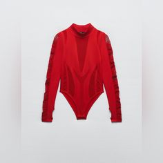 Zara Red - Mesh Bodysuit - Sz S/Xs -Nwt High Collar Long Sleeve Bodysuit. Mesh Effect Fabric Detail. Limitless Contour Collection Outer Shell 94% Polyamide 6% Elastane Outer Shell 55% Rcs-Certified Recycled Polyamide Final Sale No Returns Happy Shopping Poshers!!! Xo Trendy Red Long Sleeve Bodysuit, Red Stretch Bodysuit For Night Out, Trendy Fitted Zara Bodysuit, Red Long Sleeve Bodysuit For Spring, Zara Fitted Long Sleeve Bodysuit, Fitted Long Sleeve Zara Bodysuit, Trendy Red Stretch Bodysuit, Red Fitted Bodysuit For Night Out, Red Fitted One-piece Bodysuit