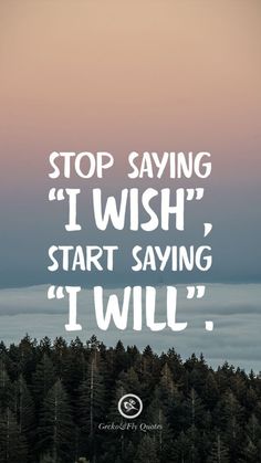 a quote that says stop saying i wish start saying i will with trees in the background