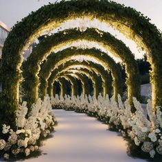 an archway covered in white flowers and greenery